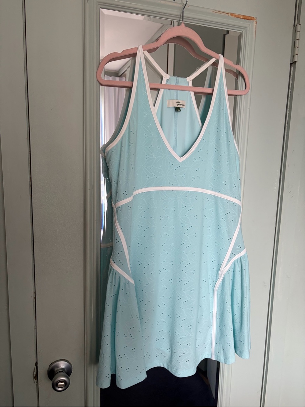 Baby Blue Eyelet Tank Dress White Built in Shorts V-neck Athletic Daily Practice